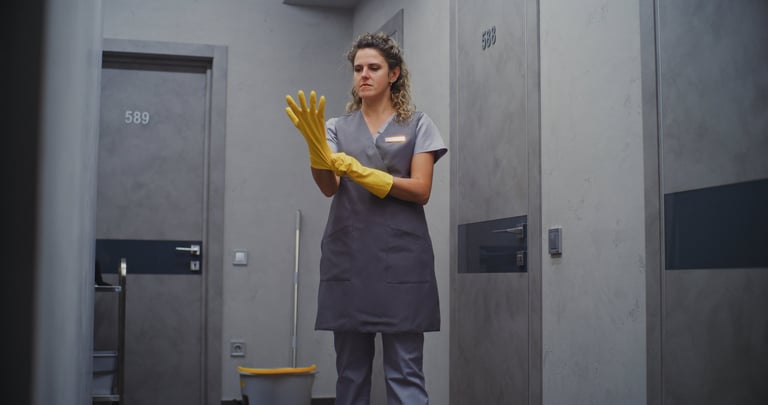 Professional cleaner preparing for work