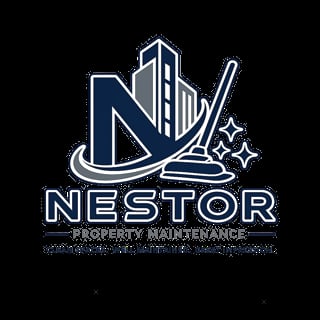 Nestor Property Maintenance logo featuring stylized buildings and cleaning tools with sparkling stars on black background