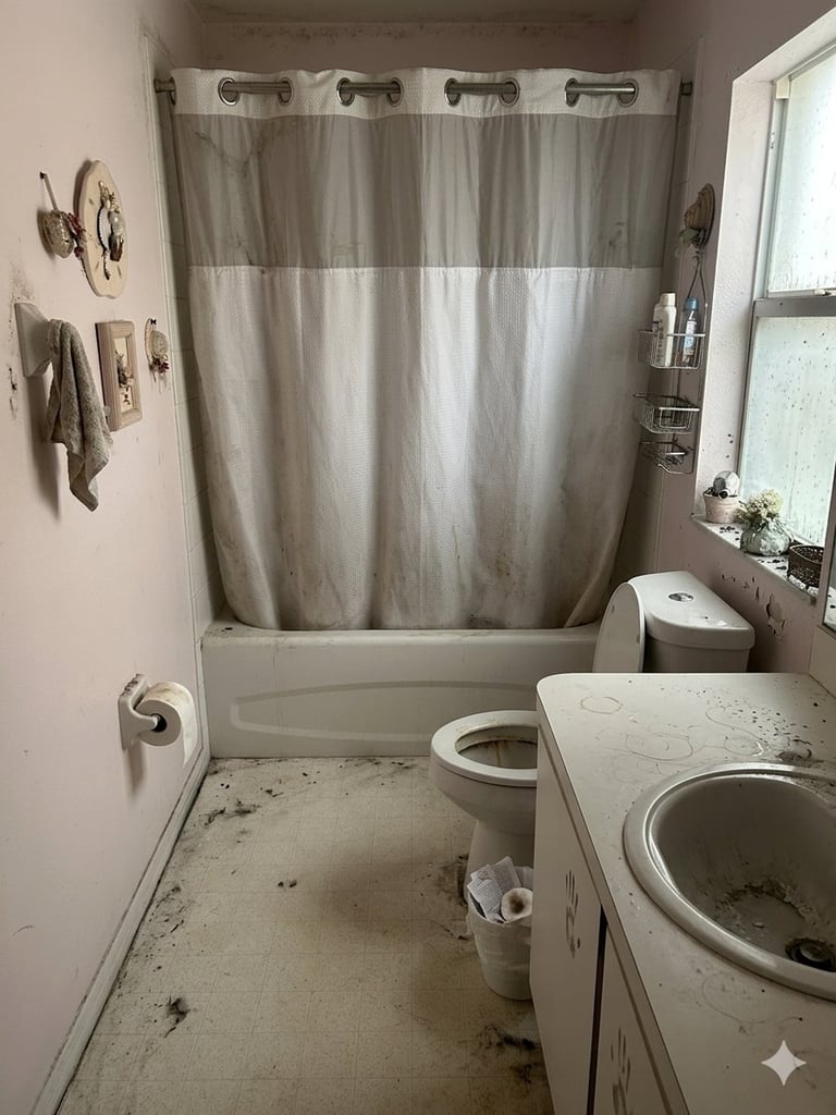 Small bathroom with beige and white two-tone shower curtain, toilet, sink, and cluttered countertop surfaces